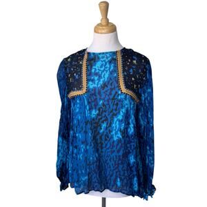 Bl^nk London Anthropologie Miranda Peasant Blouse Blue Leopard Small